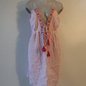 NWT Womens Tina Demel Pink, White Pinstriped Embroidered Dress L *